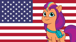 Size: 3485x1936 | Tagged: safe, artist:edy_january, artist:prixy05, imported from derpibooru, sunny starscout, earth pony, pony, american flag, country, flag, g5, looking at you, my little pony: tell your tale, smiling, smiling at you, solo, united states, vector, wallpaper