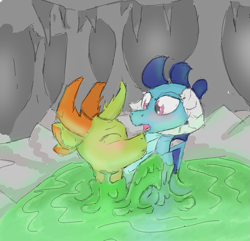 Size: 837x808 | Tagged: safe, artist:pzkratzer, imported from derpibooru, princess ember, thorax, changedling, changeling, dragon, cave, changeling slime, duo, embrax, female, flockmod, hug, imminent kissing, king thorax, male, shipping, sketch, slime, slime bath, speedpaint, straight, submerged