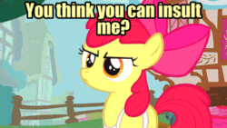 Size: 800x450 | Tagged: safe, edit, edited screencap, editor:undeadponysoldier, imported from ponybooru, screencap, apple bloom, applejack, earth pony, pony, call of the cutie, animated, apron, bow, censored, censored vulgarity, clothes, colored text, edited gif, female, hair bow, hooves, low effort caption, mare, meme, offscreen character, ponyville, text, vulgar
