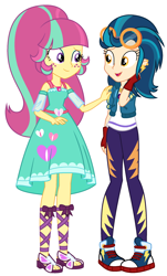 Size: 1452x2408 | Tagged: safe, artist:sarahalen, imported from derpibooru, indigo zap, sour sweet, equestria girls, alternate universe, clothes swap, duo, duo female, female, role reversal, simple background, white background