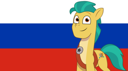 Size: 3485x1936 | Tagged: safe, artist:edy_january, artist:prixy05, imported from derpibooru, hitch trailblazer, earth pony, pony, cyrillic, flag, g5, male, my little pony: tell your tale, russia, russian, russian flag, simple background, solo, stallion, vector used, wallpaper