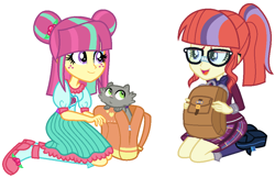 Size: 1000x646 | Tagged: safe, artist:sarahalen, imported from derpibooru, moondancer, sour sweet, cat, equestria girls, friendship games, alternate universe, bag, clothes, costume, duo, duo female, equestria girls-ified, female, glasses, kitten, role reversal, shadowbolts costume, simple background, uniform, white background, wonderbolts uniform