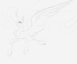 Size: 1280x1055 | Tagged: safe, artist:anekomori, imported from derpibooru, alicorn, pony, concave belly, curved horn, ethereal mane, ethereal tail, eyelashes, flying, gray background, horn, large wings, long horn, long mane, long tail, looking forward, missing wing, monochrome, open mouth, simple background, sketch, slim, solo, spread wings, sternocleidomastoid, tail, thin, wings