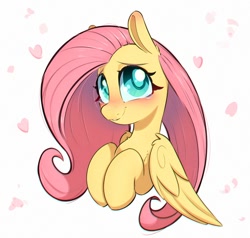 Size: 1000x952 | Tagged: safe, artist:inkypuso, imported from derpibooru, fluttershy, pegasus, pony, big eyes, blushing, bust, cute, female, floating heart, heart, looking at you, mare, shyabetes, simple background, smiling, smiling at you, solo, teary eyes, white background