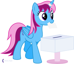 Size: 4610x4000 | Tagged: safe, artist:parclytaxel, imported from derpibooru, oc, oc only, oc:parcly taxel, alicorn, genie, pony, .svg available, absurd resolution, alicorn oc, ballot box, female, horn, mare, mouth hold, politics, simple background, singapore, solo, transparent background, vector, vote, wings