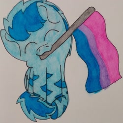 Size: 2377x2378 | Tagged: safe, artist:acid flask, imported from derpibooru, oc, oc only, oc:film wheel, pegasus, zebra, bisexual, bisexual pride flag, chibi, cute, eyes closed, flag, happy, long hair, looking at you, male, mouth hold, pegasus oc, pride, pride flag, simple background, sitting, smiling, smiling at you, stallion, traditional art, watercolor painting, white background, wings, zebra oc