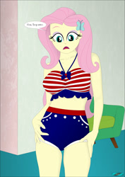 Size: 1308x1848 | Tagged: safe, artist:fab3716, imported from derpibooru, fluttershy, human, equestria girls, clothes, french, solo, swimsuit, translated in the description