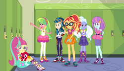 Size: 3840x2232 | Tagged: safe, artist:sarahalen, imported from derpibooru, garble, indigo zap, lemon zest, sour sweet, sugarcoat, sunny flare, sunset shimmer, dog, human, equestria girls, equestria girls series, forgotten friendship, alternate universe, base used, clothes, dogified, female, fluttershy boho dress, glasses, group, lockers, rah rah skirt, rarity peplum dress, role reversal, sitting, skirt, species swap