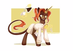 Size: 2560x1817 | Tagged: safe, artist:anotherdeadrat, imported from derpibooru, oc, oc only, oc:wormhole, pony, unicorn, abstract background, art trade, clothes, coffee, coffee mug, coffee pot, glasses, leonine tail, magic, magic aura, mug, solo, tail, telekinesis, watch