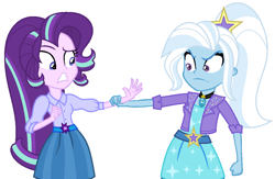 Size: 1072x698 | Tagged: safe, artist:sarahalen, imported from derpibooru, starlight glimmer, trixie, human, equestria girls, rainbow rocks, alternate hairstyle, alternate universe, base used, duo, duo female, female, role reversal, simple background, white background