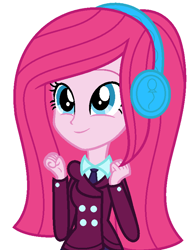 Size: 616x784 | Tagged: safe, artist:sarahalen, imported from derpibooru, pinkie pie, human, equestria girls, friendship games, alternate universe, base used, clothes, crystal prep academy uniform, cute, diapinkes, female, headphones, role reversal, school uniform, simple background, solo, white background