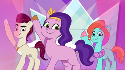 Size: 1280x720 | Tagged: safe, edit, edited screencap, imported from derpibooru, screencap, pipp petals, earth pony, pegasus, pony, g5, jazz hooves, mane melody, my little pony: tell your tale, physique difference, raised hoof, rocky riff, smiling, solo, trio, wingless