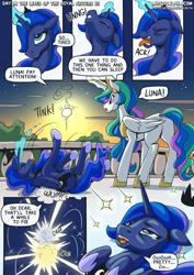 Size: 2171x3070 | Tagged: safe, artist:mysticalpha, imported from derpibooru, princess celestia, princess luna, alicorn, pony, comic:day in the lives of the royal sisters, butt, crown, exhausted, jewelry, long mane, lying down, magic, magical mishap, moon, moon work, on back, peytral, plot, regalia, sleepy, standing, sternocleidomastoid, sun, sun work, tangible heavenly object