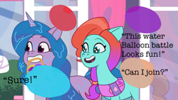 Size: 1280x720 | Tagged: safe, edit, edited screencap, imported from derpibooru, screencap, izzy moonbow, earth pony, pony, unicorn, all that jazz, duo, duo female, female, g5, jazz hooves, mane melody (location), mare, my little pony: tell your tale, open mouth, sparkly eyes, text, wingding eyes