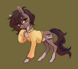 Size: 2200x1951 | Tagged: safe, artist:weird--fish, imported from derpibooru, oc, oc only, earth pony, pony, art trade, brown background, clothes, simple background, smiling, solo, sweater