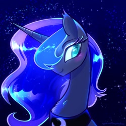 Size: 2048x2048 | Tagged: safe, artist:qwennondeathdie, imported from derpibooru, princess luna, alicorn, pony, female, glowing mane, mare, peytral, simple background, stars