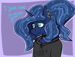 Size: 1080x831 | Tagged: safe, artist:raw16, imported from derpibooru, princess luna, alicorn, anthro, bored, clothes, collar, ear piercing, hoodie, horn, piercing, ponytail, sad, shiny mane, simple background, solo, tired