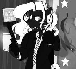 Size: 1324x1189 | Tagged: safe, artist:dsstoner, imported from ponybooru, oc, oc only, earth pony, black and white, clothes, commission, earth pony oc, flag, grayscale, gun, male, monochrome, solo, stallion, suit, weapon