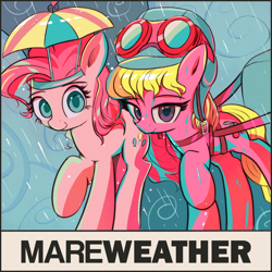 Size: 2048x2048 | Tagged: safe, artist:vultraz, cherry berry, pinkie pie, earth pony, pony, album cover, aviator goggles, aviator hat, female, goggles, hat, looking at you, mare, rain, text, umbrella hat