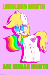 Size: 500x741 | Tagged: safe, imported from ponybooru, oc, oc:aria property, oc:aryanne, earth pony, aria property cinematic universe, blue eyes, caption, earth pony oc, female, flag, landlord, landlordsexual, lgbt, lgbt flag, looking at you, mouth hold, nazi, pink background, pride, pride flag, simple background, solo, swastika, text, white coat