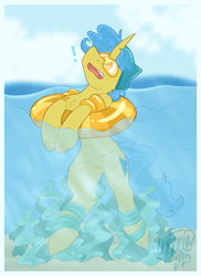 Size: 1522x2091 | Tagged: safe, artist:ezzerie, imported from derpibooru, oc, oc only, oc:condaberry, unicorn, belly, bondage, commission, floaty, male, plant bondage, pool toy, scared, screaming, seaweed, solo, stallion, tube, unsexy bondage, water wings