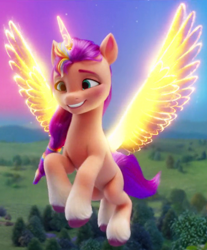 Size: 570x690 | Tagged: safe, imported from derpibooru, screencap, sunny starscout, alicorn, artificial horn, artificial wings, augmented, cropped, female, flying, g5, horn, magic, magic horn, magic wings, mare, my little pony: a new generation, race swap, solo, sunnycorn, wings