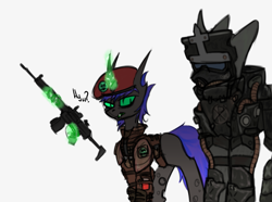 Size: 2617x1942 | Tagged: safe, artist:ashel_aras, imported from derpibooru, oc, oc only, oc:ashel, changeling, pony, unicorn, armor, beret, changeling oc, clothes, duo, hat, military, military uniform, power armor, sketch, stalcraft, uniform, weapon