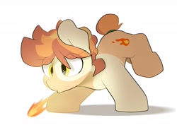 Size: 3035x2150 | Tagged: safe, artist:mochi_nation, imported from derpibooru, oc, oc only, oc:flame egg, earth pony, pony, coat markings, eye clipping through hair, female, fire, fire breath, mare, simple background, solo, white background