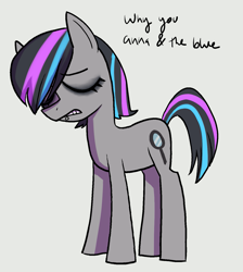 Size: 1311x1461 | Tagged: safe, artist:catachromatic, imported from derpibooru, earth pony, pony, anna blue, emo, eyes closed, eyeshadow, female, gritted teeth, highlights, labret, lip piercing, makeup, mare, piercing, rule 85, sad, simple background, solo, standing, teeth, text, white background