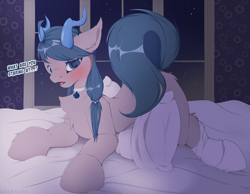 Size: 4500x3500 | Tagged: safe, artist:chura chu, imported from derpibooru, fluttershy, oc, oc:blubbery bell, earth pony, pony, bed, bedroom, blushing, clothes, coral, cute, dialogue box, female, horns, lying, mare, pillow, shy, shyabetes, socks, solo, solo female, stockings, thigh highs