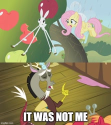 Size: 500x562 | Tagged: safe, edit, edited screencap, imported from derpibooru, screencap, big macintosh, discord, fluttershy, draconequus, earth pony, pegasus, pony, rabbit, the break up breakdown, the return of harmony, animal, blatant lies, caption, chocolate, chocolate rain, food, image macro, imgflip, offscreen character, pointing, rain, text