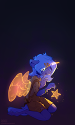 Size: 2686x4487 | Tagged: safe, artist:yarugreat, imported from derpibooru, princess luna, alicorn, anthro, artificial horn, artificial wings, augmented, childhood, clothes, female, filly, horn, kids, magic, magic horn, magic wings, s1 luna, slingshot, solo, stars, wings, woona, younger