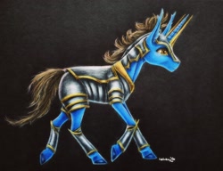 Size: 3110x2388 | Tagged: safe, artist:cahandariella, imported from derpibooru, oc, unicorn, armor, black background, colored pencil drawing, male, simple background, solo, stallion, traditional art, trotting