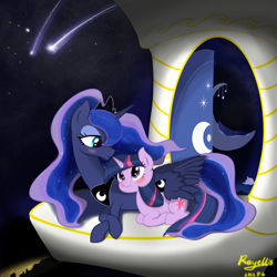 Size: 2048x2048 | Tagged: safe, artist:rayelli, imported from derpibooru, princess luna, twilight sparkle, alicorn, pony, unicorn, cute, female, height difference, lesbian, night, shipping, tail, twiabetes, twiluna, unicorn twilight