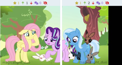 Size: 473x254 | Tagged: safe, artist:magicalight_duo, edit, imported from derpibooru, fluttershy, starlight glimmer, trixie, pegasus, pony, rabbit, unicorn, derpibooru, animal, female, hoof on face, juxtaposition, mare, meta, outdoors, show accurate, signature, tree, trio, trio female