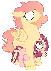 Size: 1569x2166 | Tagged: safe, artist:scribblyfandoms7, imported from derpibooru, oc, oc only, oc:d'arcy spice, oc:hopeful harvest, pegasus, pony, unicorn, base used, cousins, curly mane, duo, female, filly, foal, freckles, frown, gradient mane, hiding, magical lesbian spawn, mare, offspring, parent:applejack, parent:big macintosh, parent:fluttershy, parent:rarity, parents:fluttermac, parents:rarijack, shrunken pupils, simple background, transparent background