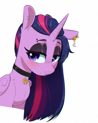 Size: 800x1000 | Tagged: safe, artist:inkypuso, imported from derpibooru, twilight sparkle, alicorn, pony, alternate hairstyle, blushing, choker, ear piercing, earring, emo, emo twilight, eyebrow piercing, eyeshadow, female, frown, jewelry, lidded eyes, makeup, mare, piercing, simple background, solo, twilight sparkle (alicorn), white background