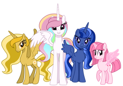 Size: 3174x2209 | Tagged: safe, artist:siti shafiyyah, artist:tanahgrogot, imported from derpibooru, oc, oc only, oc:annisa trihapsari, oc:princess blue star, oc:rainbow diamond, oc:sunny glow, alicorn, earth pony, pony, series:the guardian of leadership, base used, looking at you, magic, princess, simple background, smiling, smiling at you, transparent background