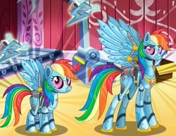 Size: 564x436 | Tagged: safe, imported from derpibooru, rainbow dash, pony, robot, robot pony, cropped, duality, female, gameloft, my little pony: magic princess, rainbot dash, roboticization