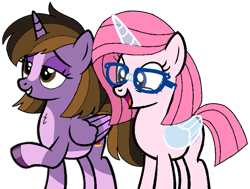 Size: 763x576 | Tagged: safe, artist:noi kincade, artist:noikincade67, imported from derpibooru, oc, oc only, oc:annisa the good pony, oc:princess kincade, alicorn, earth pony, pony, duo, duo female, female, glasses, happy, magic, mare, open mouth, open smile, short hair, simple background, smiling, sultry pose, transparent background