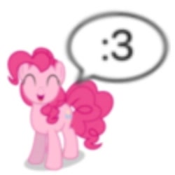 Size: 720x720 | Tagged: safe, artist:vanesasarbu, artist:xxthehtfgodxx, edit, imported from derpibooru, pinkie pie, earth pony, pony, :3, ^^, blurry, eyes closed, female, humor, looking at you, mare, needs more jpeg, open mouth, open smile, simple background, smiling, smiling at you, solo, speech bubble, upscaled, white background