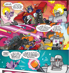 Size: 1705x1794 | Tagged: safe, artist:tonyfleecs, idw, imported from derpibooru, soarin', spitfire, twilight sparkle, alicorn, changeling, cragadile, crocodile, hybrid, pegasus, pony, robot, spoiler:comic, spoiler:friendship in disguise, spoiler:friendship in disguise04, cragaling, crossover, female, fight, flying, friendship in disguise, g4, male, mare, megatron, optimus prime, stallion, surprise (g4), transformers, twilight sparkle (alicorn)