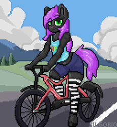 Size: 1280x1390 | Tagged: safe, artist:kilgorio, imported from derpibooru, oc, oc only, oc:lucy violetmane, anthro, earth pony, anthro oc, aseprite, bicycle, clothes, detailed background, earth pony oc, femboy, full body, green eyes, jeans, male, pants, pixel art, purple hair, short jeans, shorts, socks, solo, stallion, striped socks, thigh highs