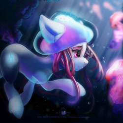 Size: 2000x2000 | Tagged: safe, imported from derpibooru, oc, oc only, alicorn, anthro, earth pony, human, jellyfish, pegasus, pony, unicorn, equestria girls, advertisement, bubble, commission, commission info, crepuscular rays, digital art, eyeshadow, flowing mane, freckles, humanized, makeup, ocean, pink eyes, solo, sunlight, swimming, underwater, water