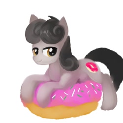 Size: 2000x2000 | Tagged: safe, anonymous artist, imported from twibooru, oc, oc only, oc:pon-pushka, earth pony, pony, /mlp/, 4chan, donut, food, image, male, needs more jpeg, prone, simple background, smiling, solo, stallion, white background