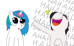 Size: 800x500 | Tagged: safe, anonymous artist, imported from twibooru, oc, oc only, oc:compushka, oc:pon-pushka, earth pony, pony, unicorn, /mlp/, 4chan, donut, duo, female, food, hahahahahahaha, image, laughing, male, mare, open mouth, png, pointing, silly, simple background, stallion, white background