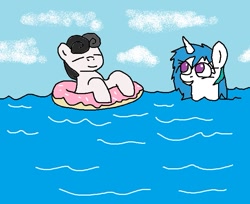 Size: 713x583 | Tagged: safe, anonymous artist, imported from twibooru, oc, oc only, oc:compushka, oc:pon-pushka, earth pony, pony, unicorn, /mlp/, 4chan, cloud, duo, eyes closed, female, image, inner tube, looking at someone, male, mare, needs more jpeg, ocean, smiling, stallion, swimming