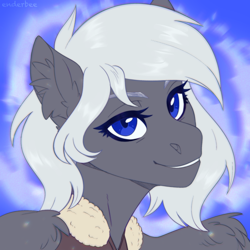 Size: 2048x2048 | Tagged: safe, artist:enderbee, imported from derpibooru, oc, oc only, oc:silver bullet, pegasus, pony, blue background, blue eyes, bust, colored, flat colors, icon, looking at you, portrait, simple background, sketch, smiling, smiling at you, solo, wings