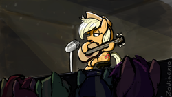 Size: 1920x1080 | Tagged: safe, artist:zodiacx10, applejack, earth pony, pony, female, guitar, mare, musical instrument, performance, solo focus, stage