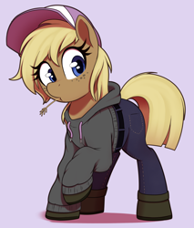 Size: 1700x2000 | Tagged: safe, artist:thebatfang, oc, oc:hay bale, earth pony, pony, boots, cap, clothes, female, freckles, hat, hoodie, jeans, looking at you, mare, pants, raised hoof, shoes, simple background, solo, straw in mouth